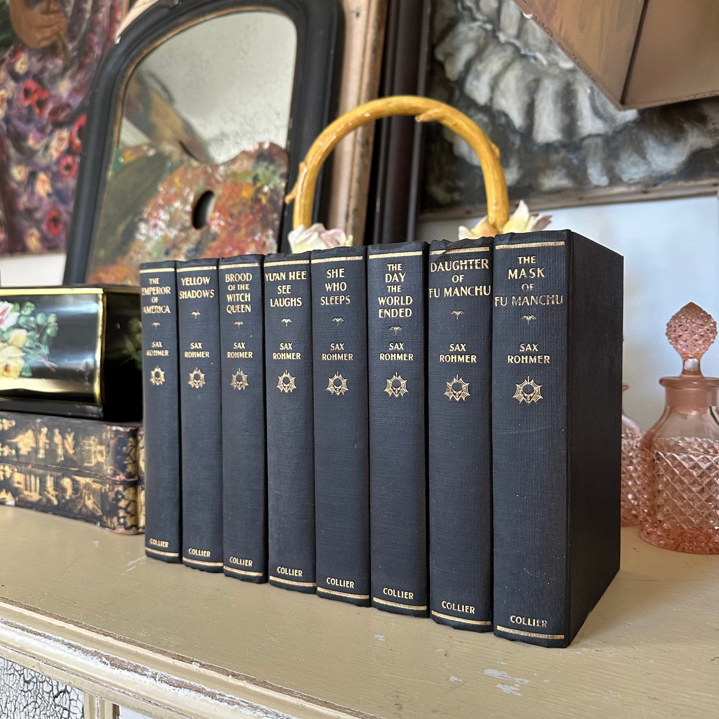 Stack of 8 Collier Mystery Novels by Sax Rohmer, 1950s.