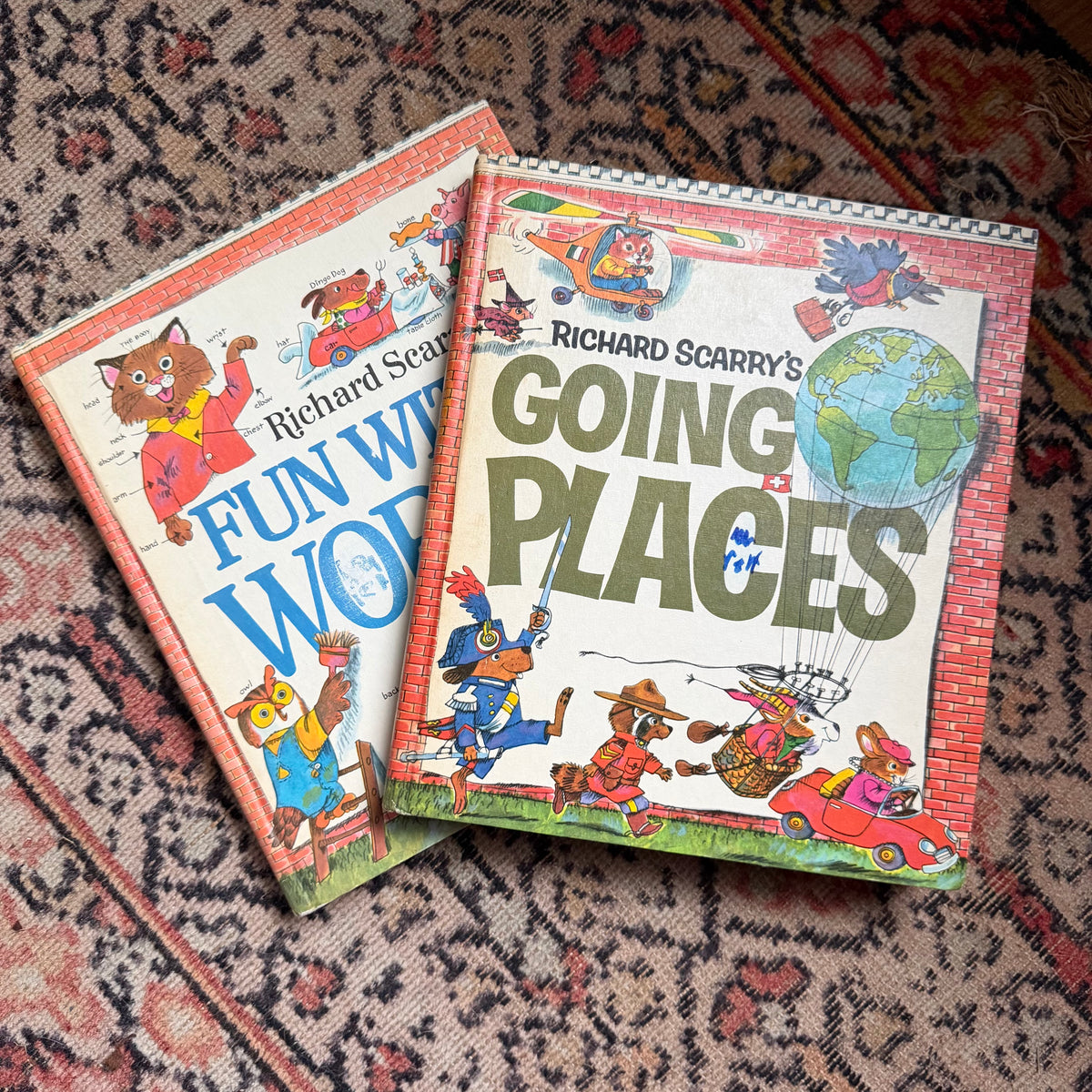 Richard Scarry Books Set of 2, Going Places & Fun with Words, 1971 Look & Learn Library, Golden Press