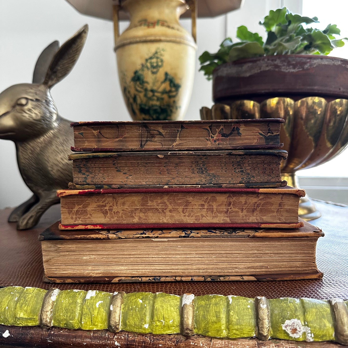 Antique Leather Book Stack | 18th–20th Century Decorative Books | Vintage Library Decor