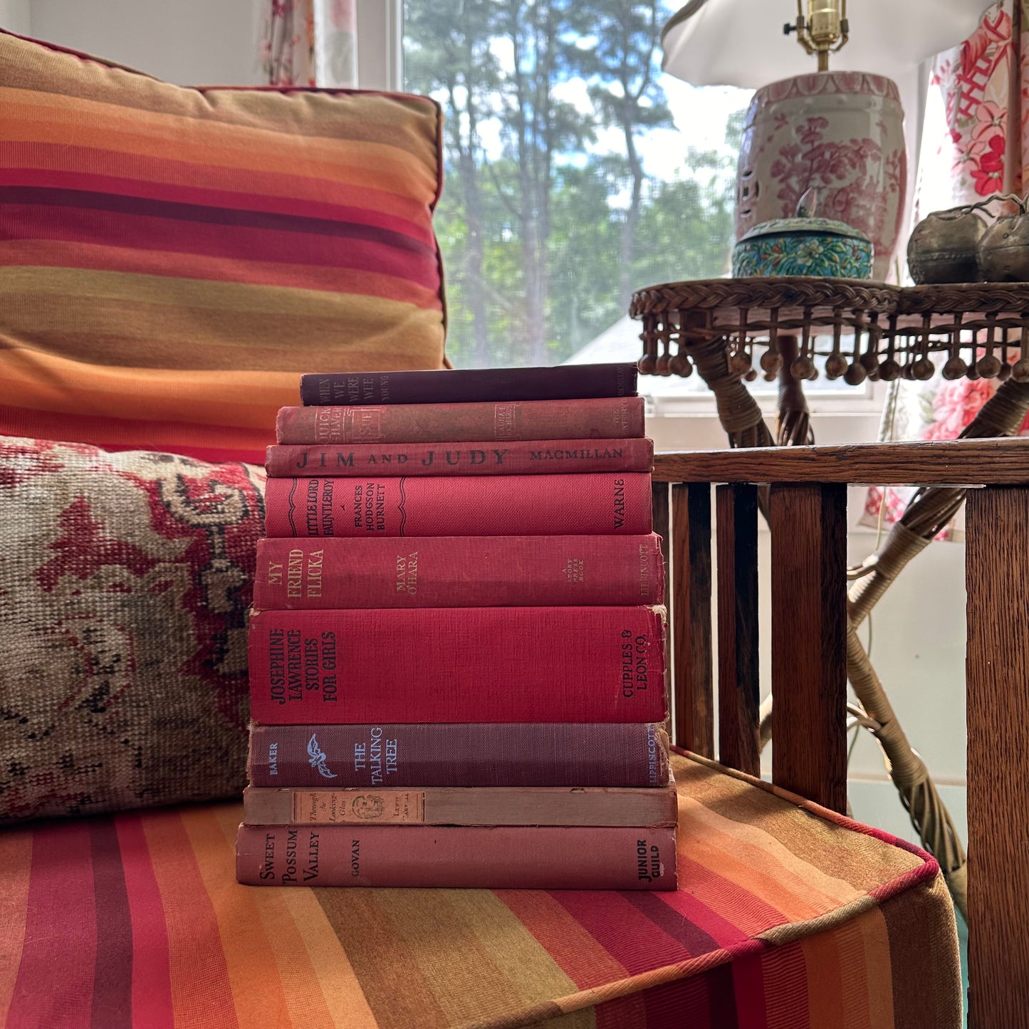 Stack of 9 Vintage and Antique Children’s Books with Covers in Shades of Red