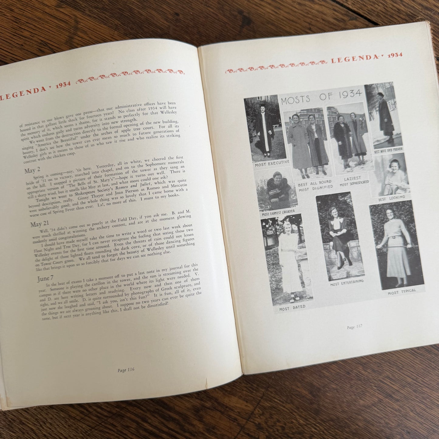 Wellesley Legenda 1934 Yearbook with Brass Bookmark, Wellesley College Massachusetts, The Northfield Hotel Reading Room Copy