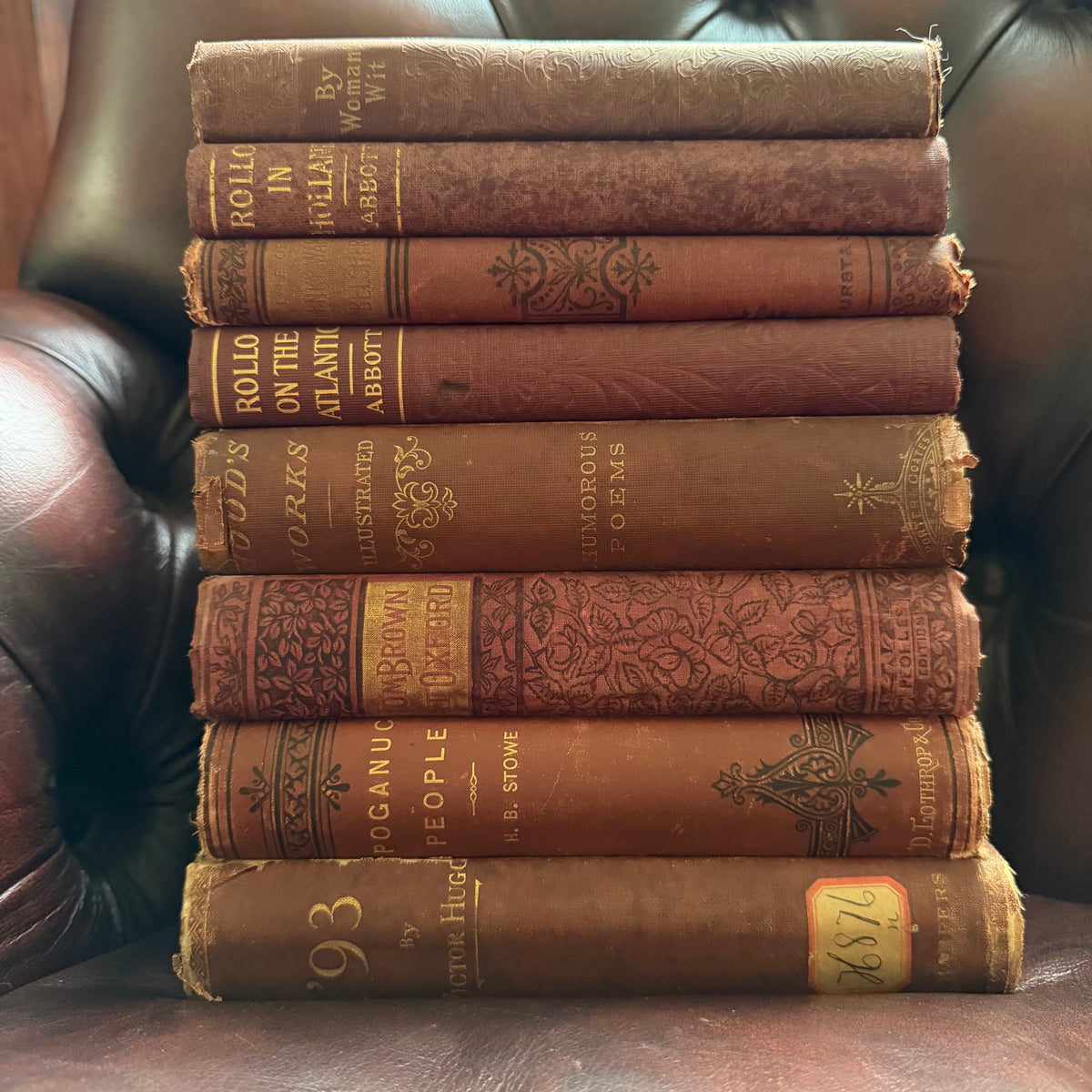8 Antique Books, Victorian Literature & Children’s Classics — 1874–1888+ | Stowe, Hugo, Abbott, Hood, Beecher & More | Pretty & Seasonal Brown & Red Bindings