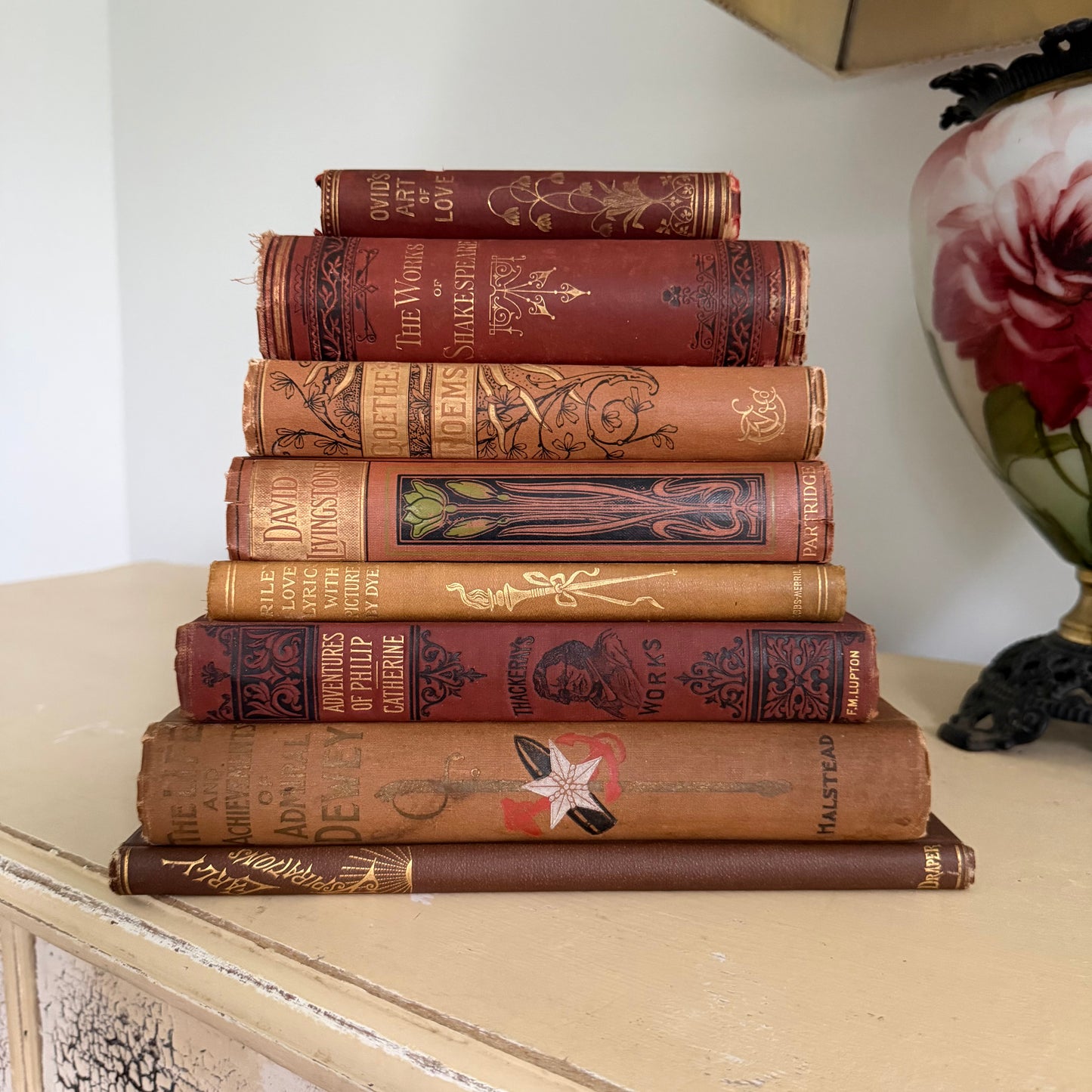 19th Century Antique Book Collection of 8 Decorative Victorian Books - 1800s - Poetry, Literature, History with Ornate Bindings in Shades of Brown
