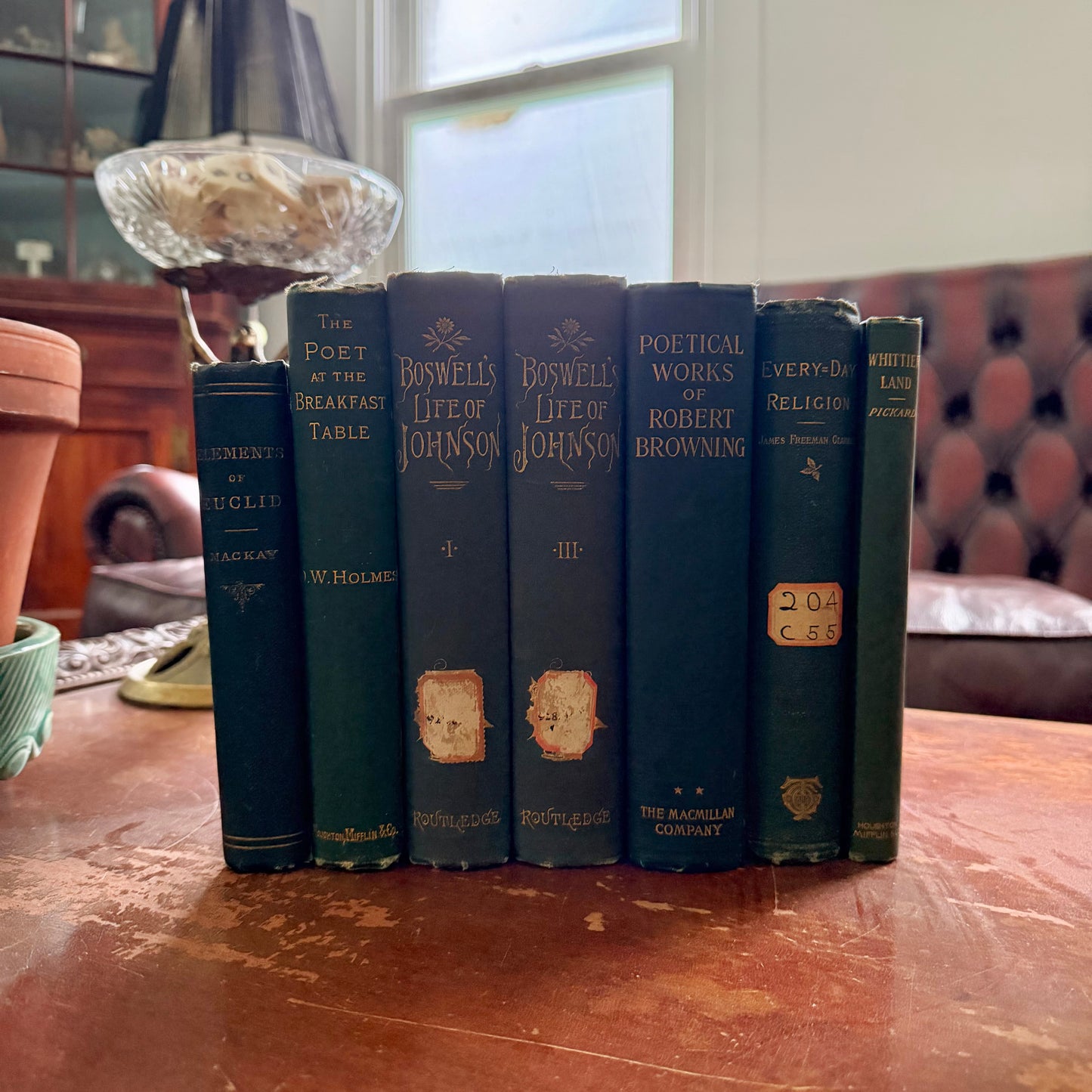Antique Green Book Collection Set of 7 | Victorian Decorative Books | Boswell Johnson | Browning | Holmes | Euclid | 1881–1904
