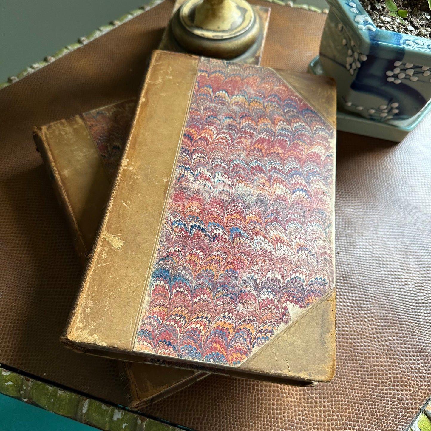 19th Century Books with Leather Covers & Marbled Page Ends