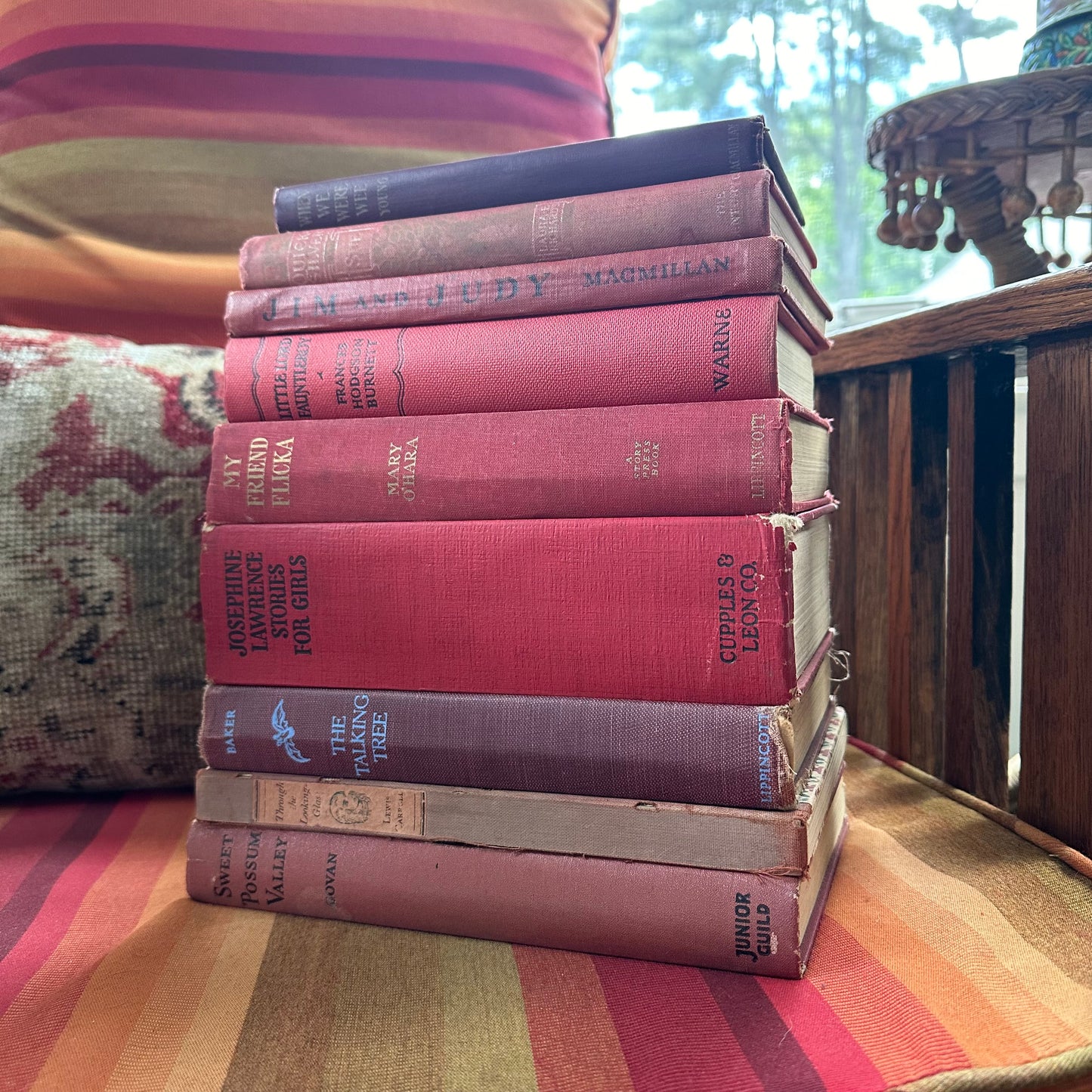 Stack of 9 Vintage and Antique Children’s Books with Covers in Shades of Red