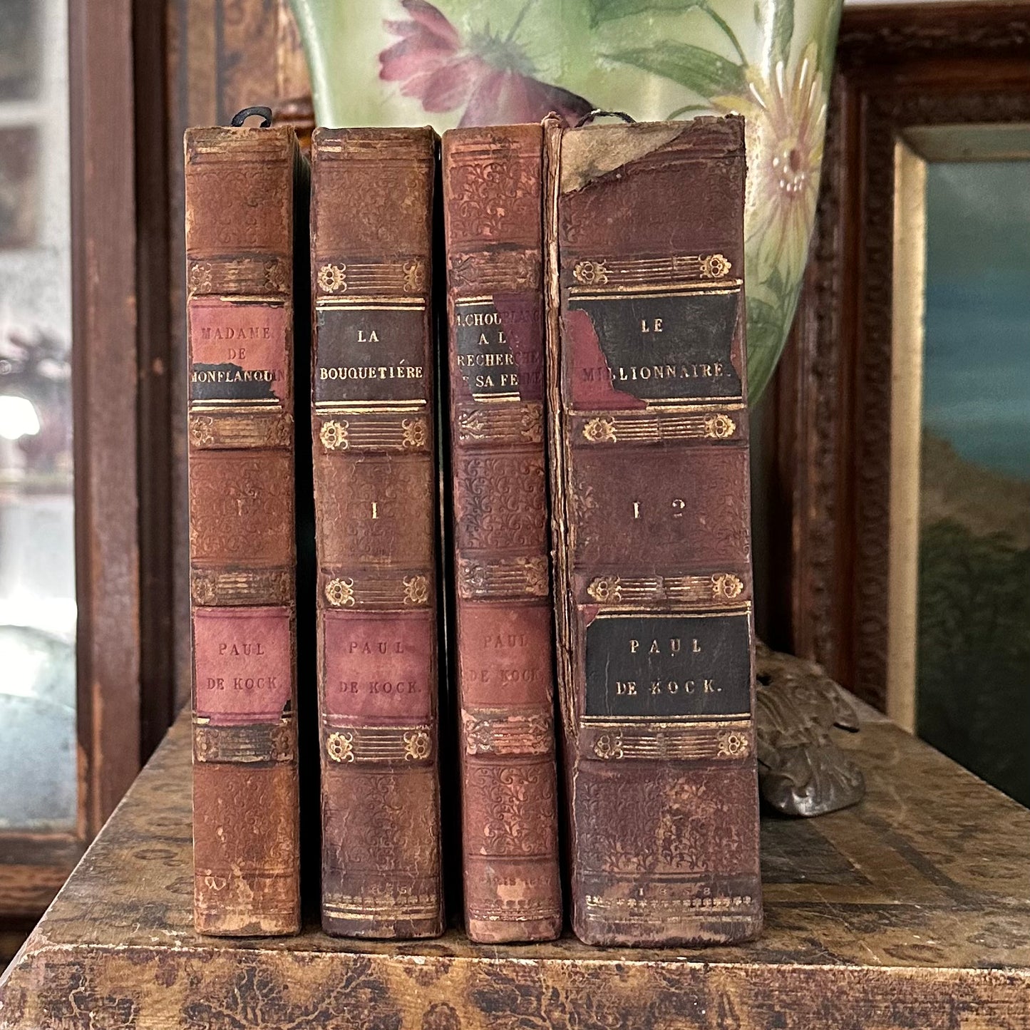 4 19th Century Leather-Bound Books in French by Paul De Rock