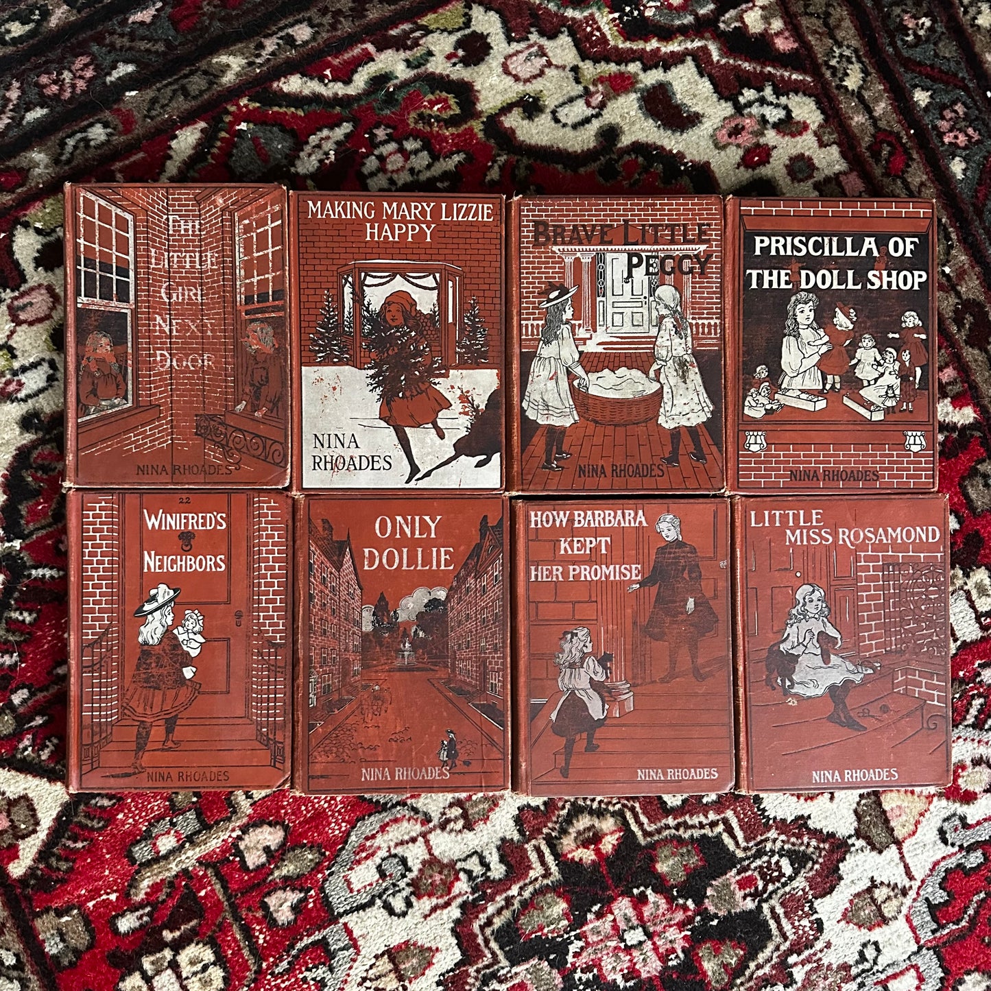 Set of 8 Nina Rhoades Antique Children’s Books (1901–1914) — Illustrated by Bertha Davidson Hoxie — Lothrop Lee & Shepard — Brick House Series