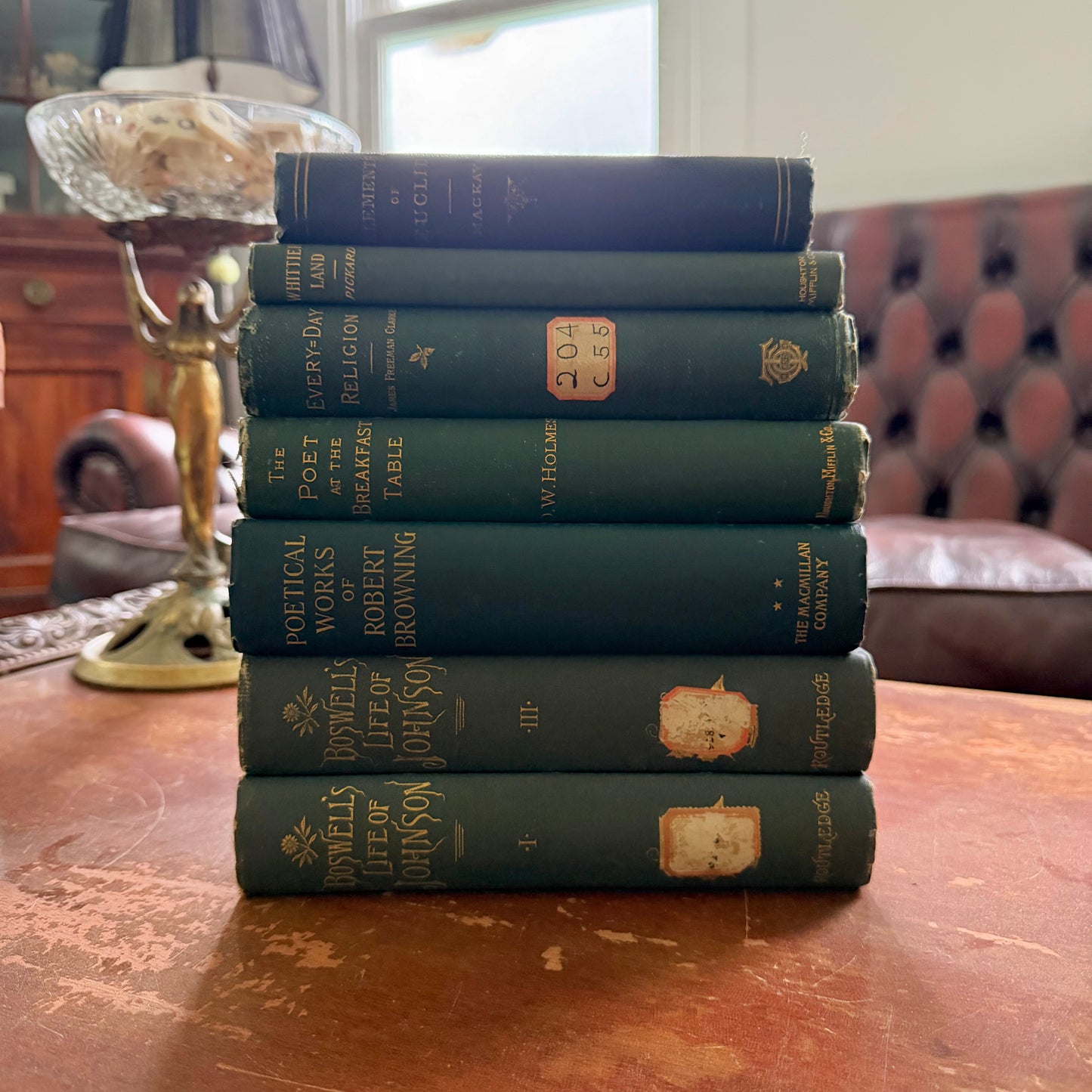 Antique Green Book Collection Set of 7 | Victorian Decorative Books | Boswell Johnson | Browning | Holmes | Euclid | 1881–1904