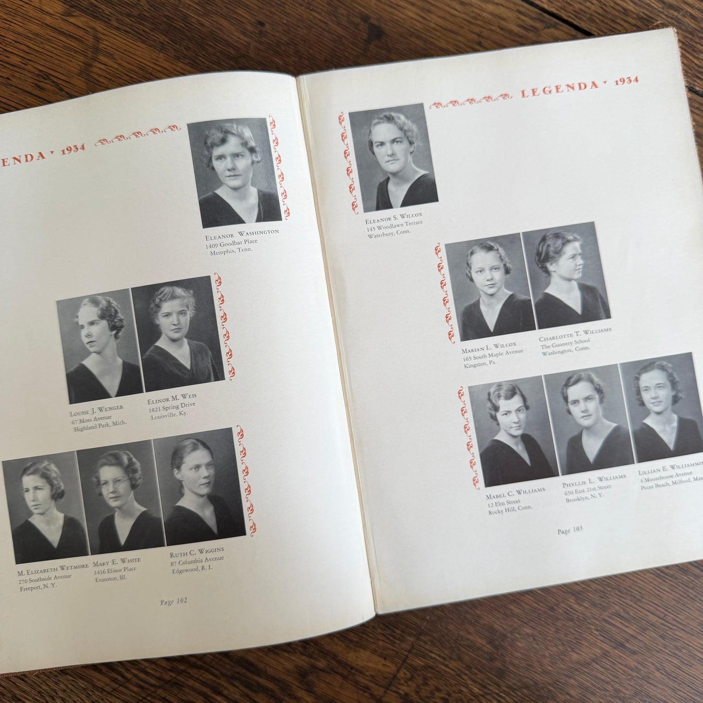Wellesley Legenda 1934 Yearbook with Brass Bookmark, Wellesley College Massachusetts, The Northfield Hotel Reading Room Copy