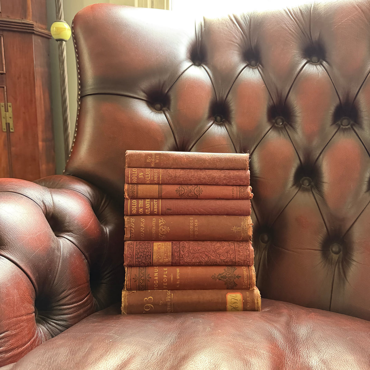 8 Antique Books, Victorian Literature & Children’s Classics — 1874–1888+ | Stowe, Hugo, Abbott, Hood, Beecher & More | Pretty & Seasonal Brown & Red Bindings