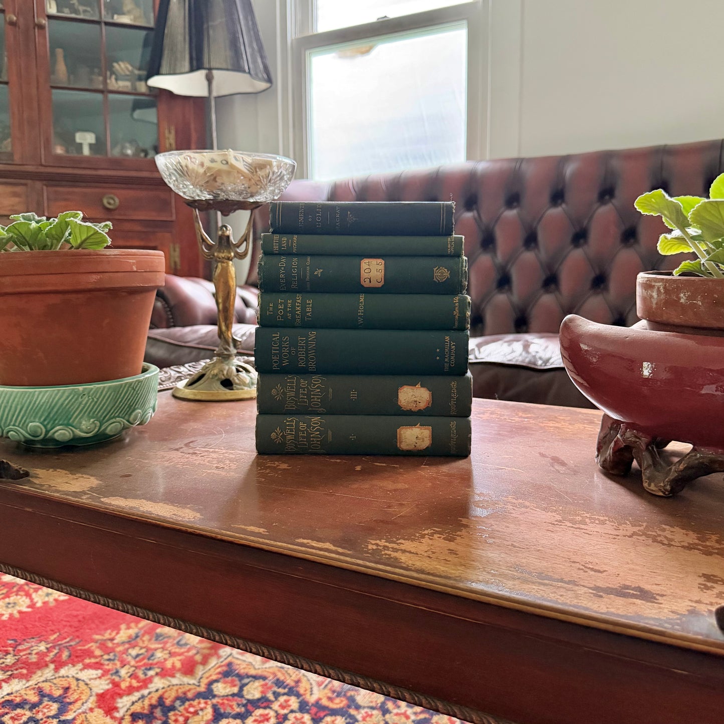 Antique Green Book Collection Set of 7 | Victorian Decorative Books | Boswell Johnson | Browning | Holmes | Euclid | 1881–1904