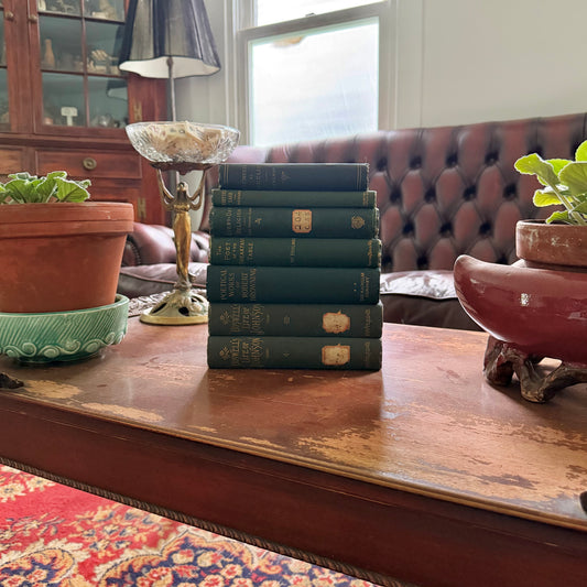 Antique Green Book Collection Set of 7 | Victorian Decorative Books | Boswell Johnson | Browning | Holmes | Euclid | 1881–1904
