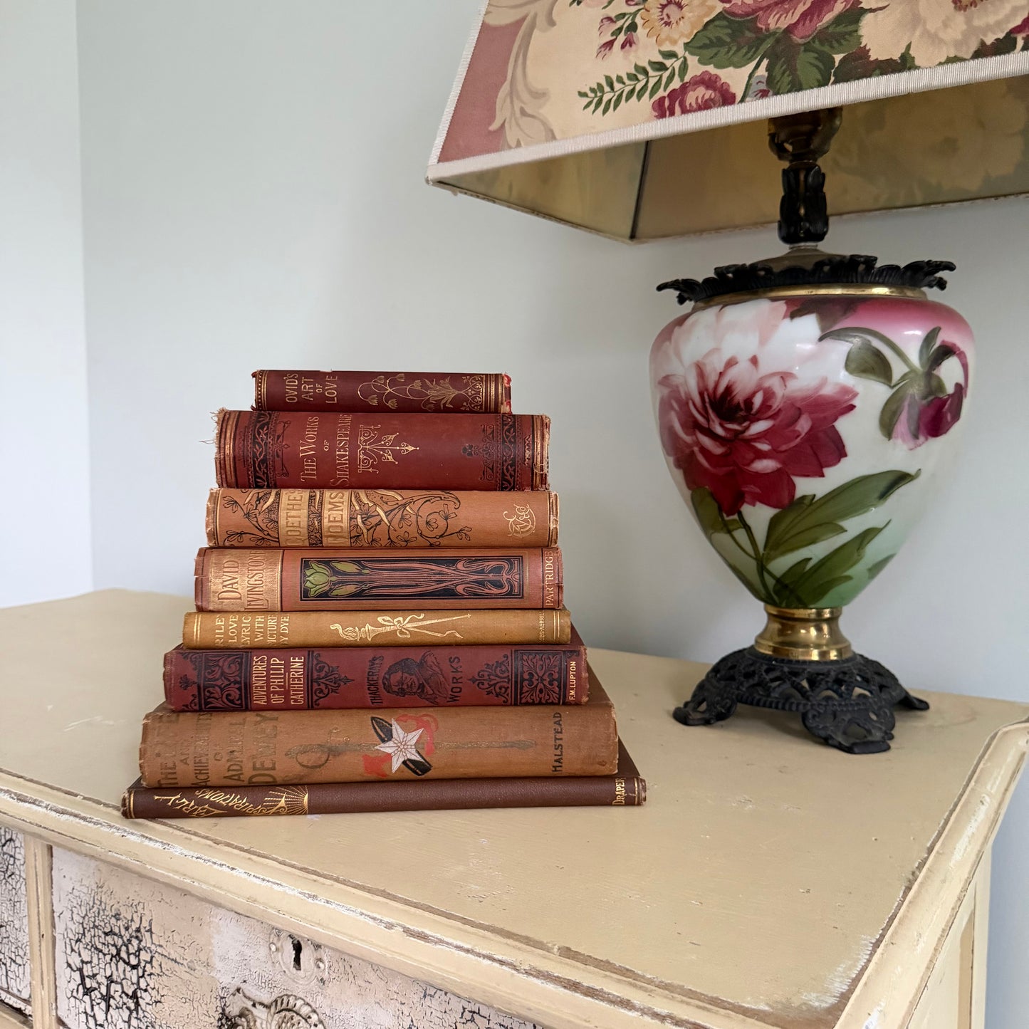 19th Century Antique Book Collection of 8 Decorative Victorian Books - 1800s - Poetry, Literature, History with Ornate Bindings in Shades of Brown