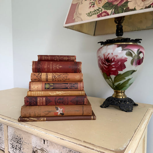 19th Century Antique Book Collection of 8 Decorative Victorian Books - 1800s - Poetry, Literature, History with Ornate Bindings in Shades of Brown