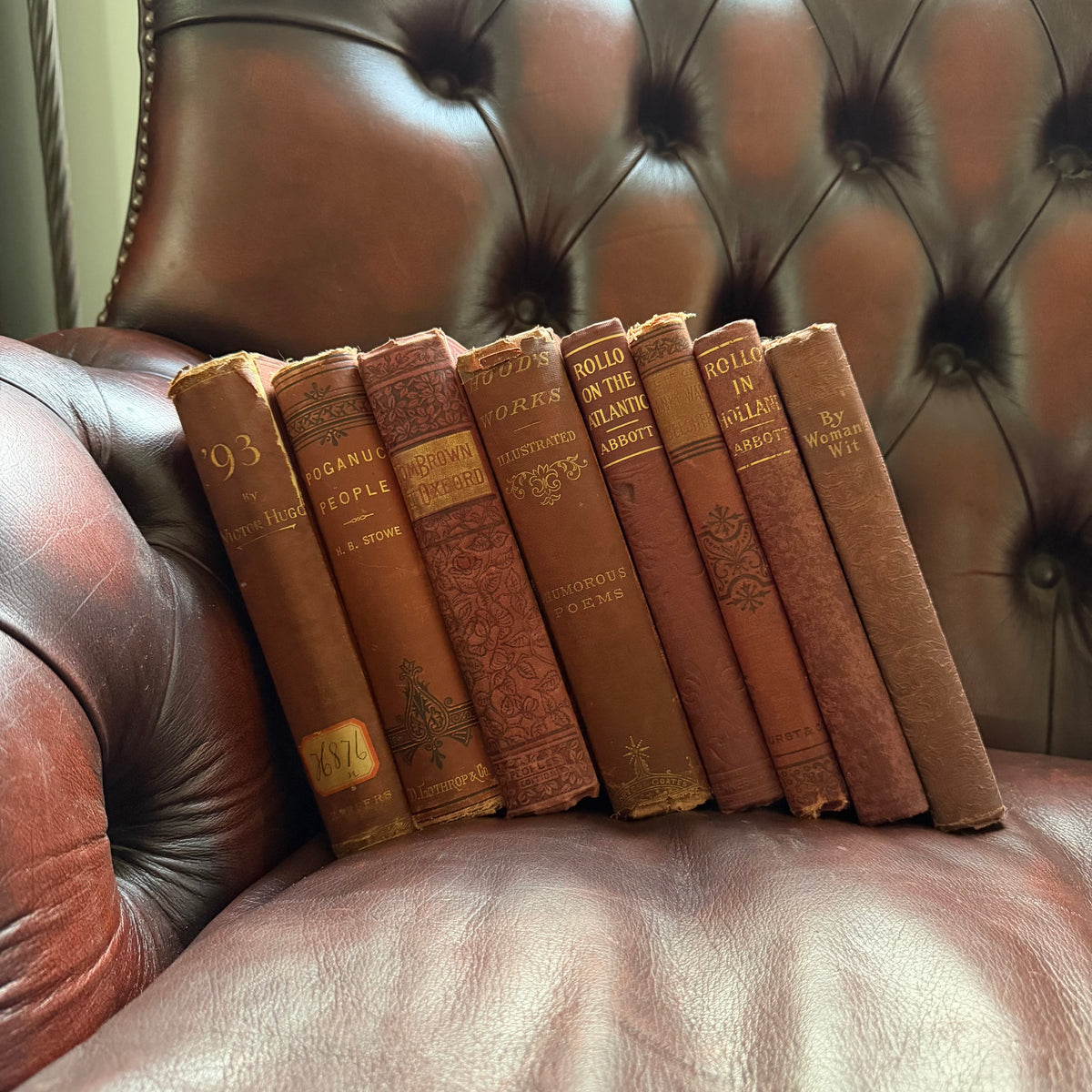 8 Antique Books, Victorian Literature & Children’s Classics — 1874–1888+ | Stowe, Hugo, Abbott, Hood, Beecher & More | Pretty & Seasonal Brown & Red Bindings