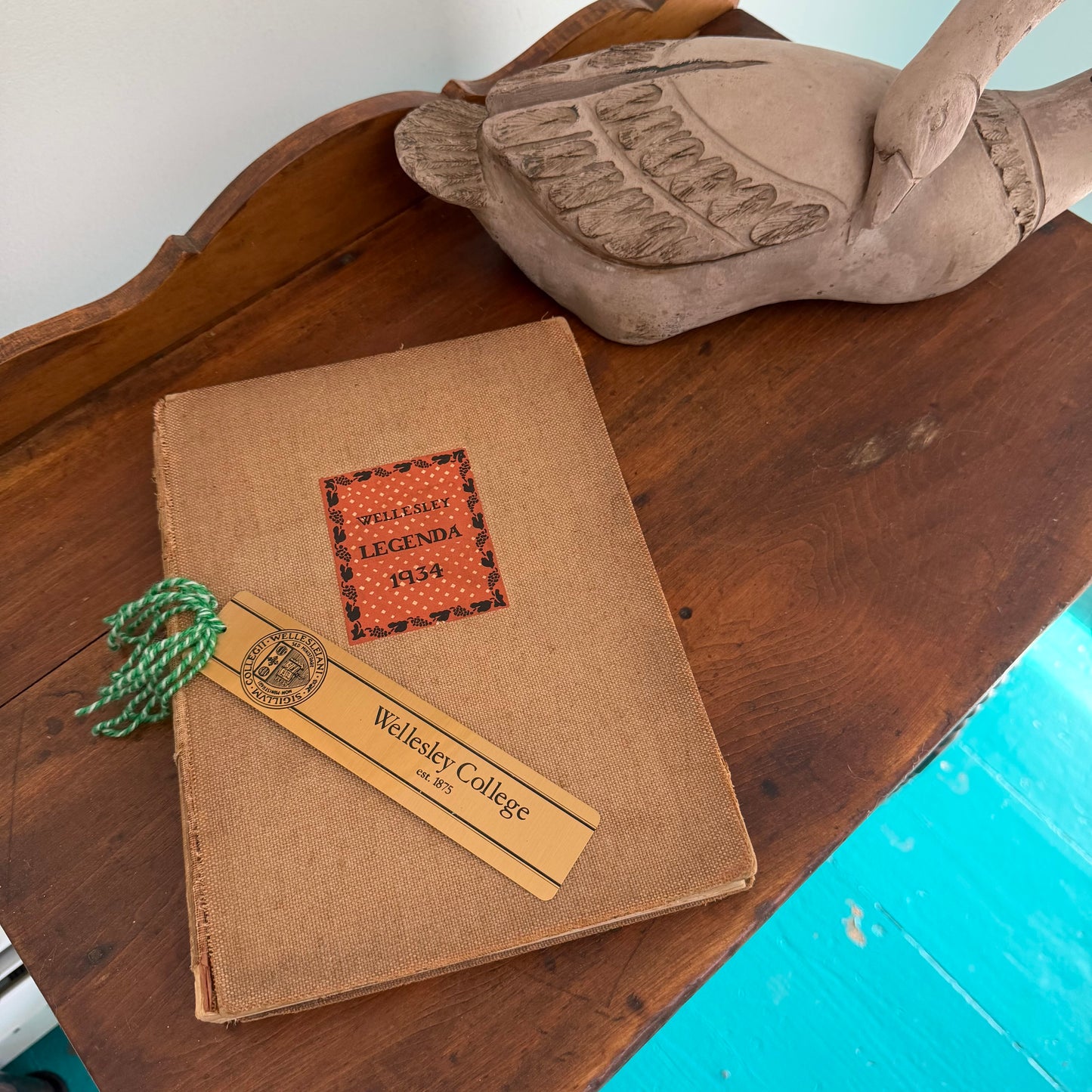 Wellesley Legenda 1934 Yearbook with Brass Bookmark, Wellesley College Massachusetts, The Northfield Hotel Reading Room Copy