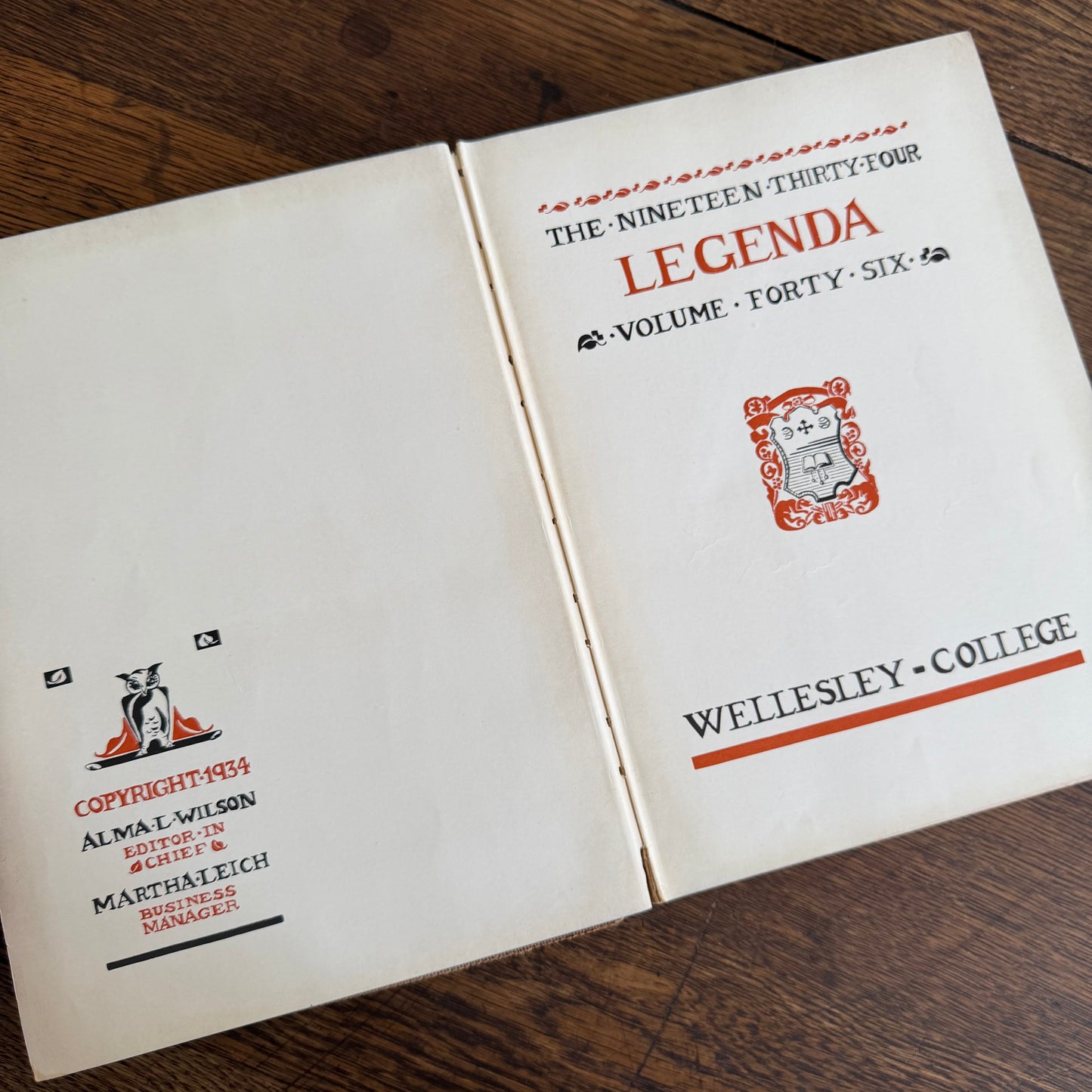 Wellesley Legenda 1934 Yearbook with Brass Bookmark, Wellesley College Massachusetts, The Northfield Hotel Reading Room Copy