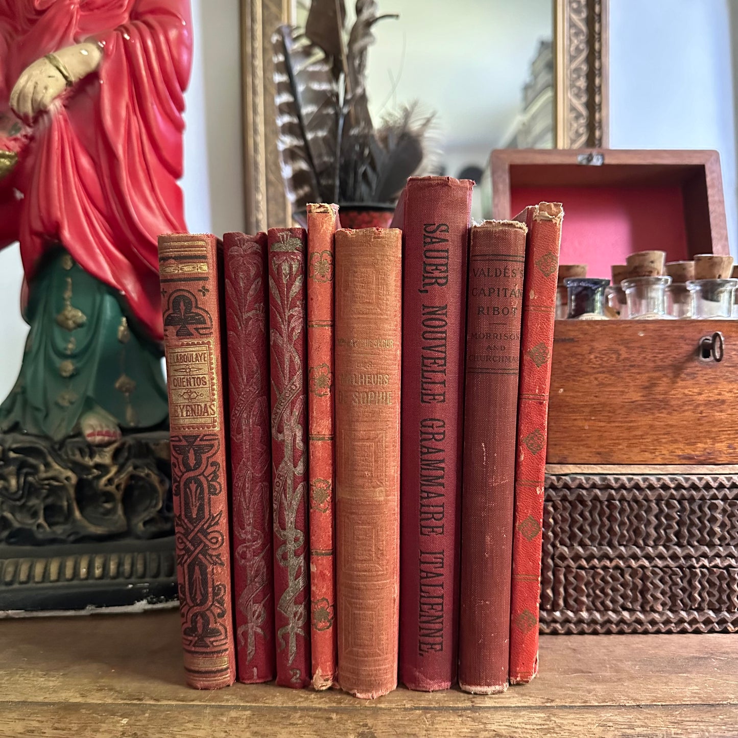 Collection of 8 Antique Foreign Language Books in Red