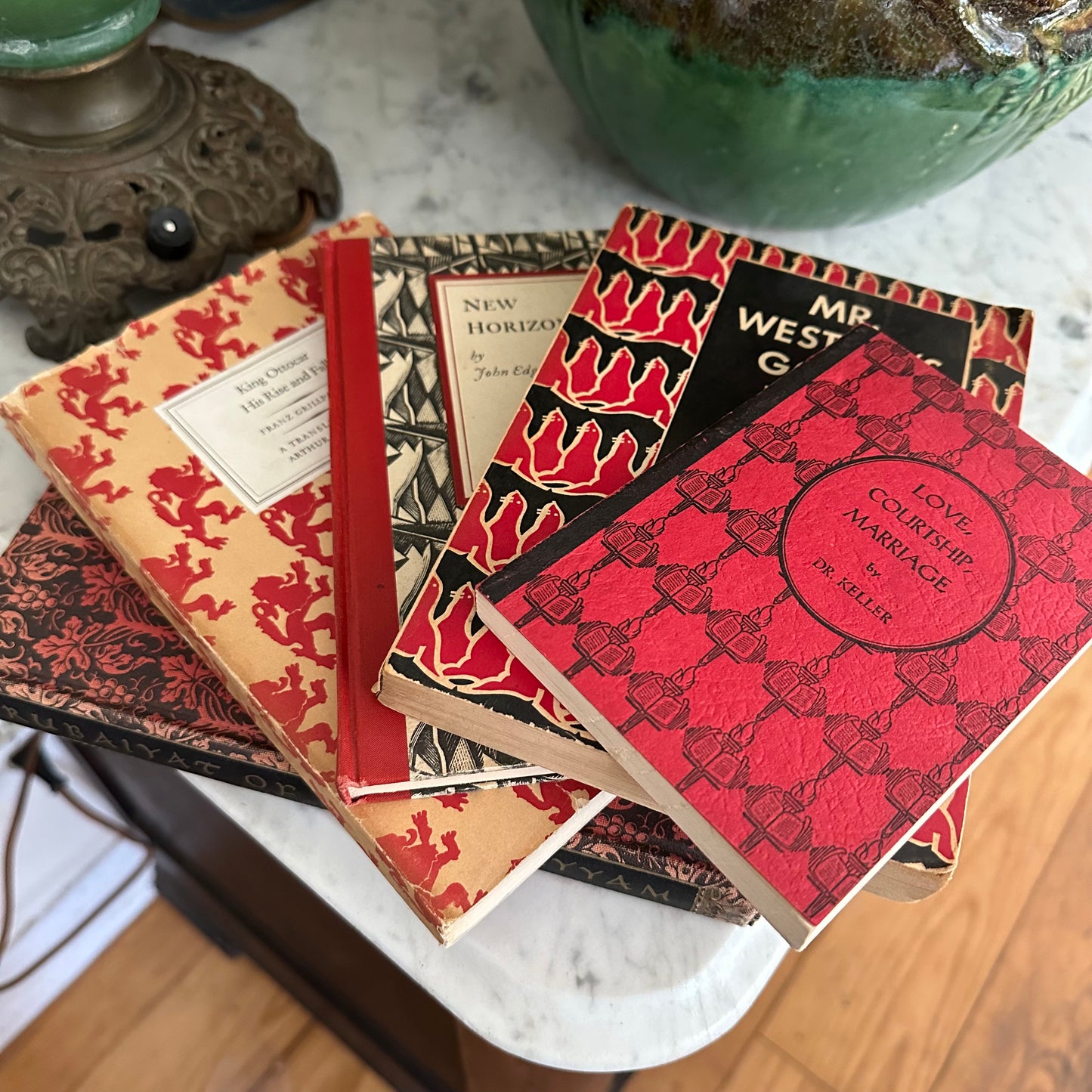 Vintage Books with Red Pattered Covers!  Stack of 5