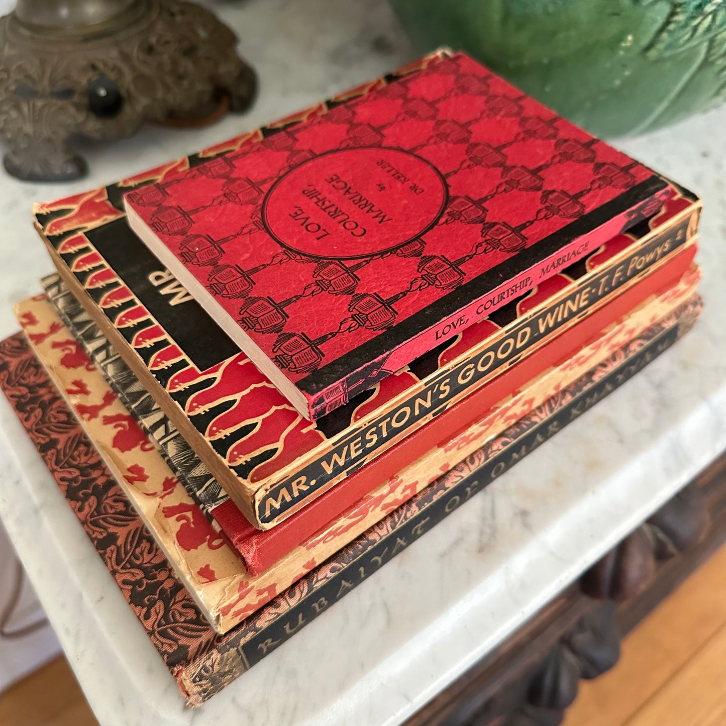 Vintage Books with Red Pattered Covers!  Stack of 5