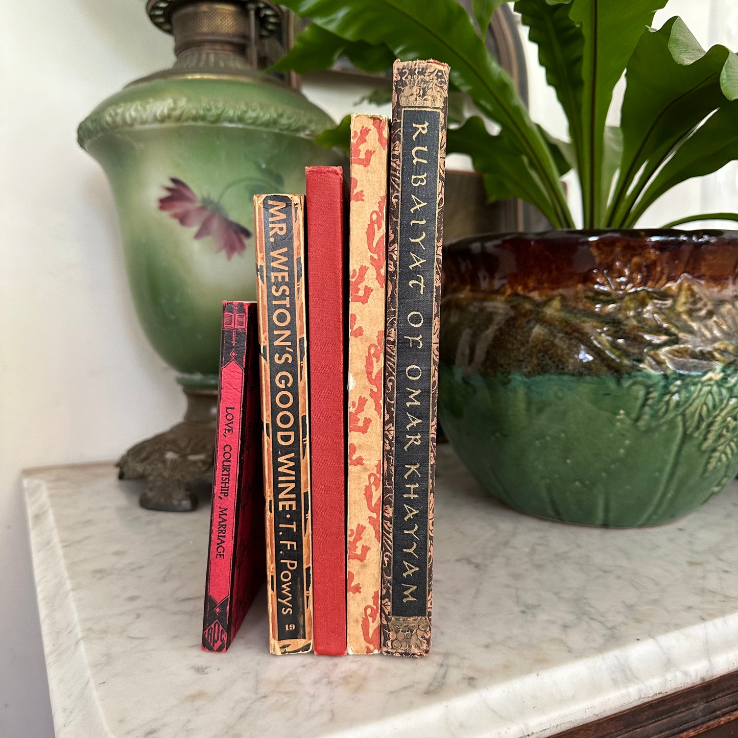 Vintage Books with Red Pattered Covers!  Stack of 5